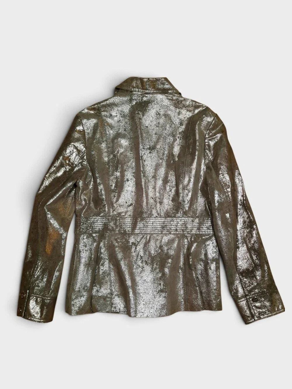 TORY BURCH Leather Jacket Pewter Bomber Biker Logo Distressed Military Thigh 14
